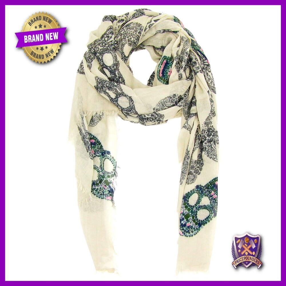 Cashmere Silk Scarf Neckerchief Hair Accessory Sugar Skull Pattern One Size